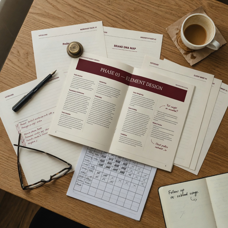 The Facilitator's Pack laid out on a working desk — printed PDFs, hand annotations, the workshop pack folded open